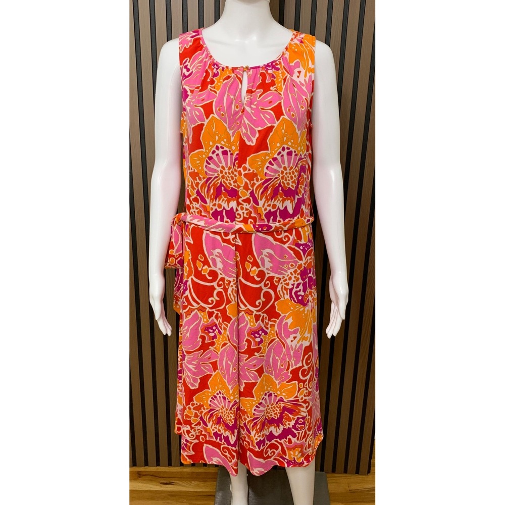 Lands End Women's Pink Orange Floral Sleeveless Belted Midi Dress M 10-12